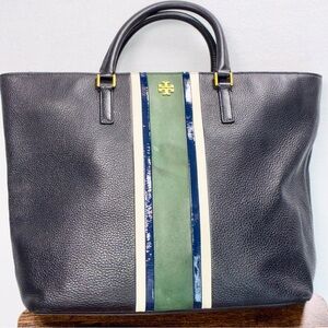 Tory Burch Tote Bag Pebbled Leather Navy Blue Green White Stripe Gold Hardware